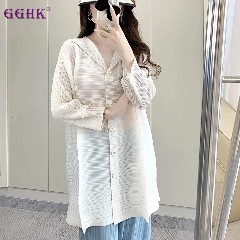 GGHK Women Casual Shirt 2024 Autumn New Solid Color Lapel Long Sleeve Single Breasted Button Design Loose Large Size Tops