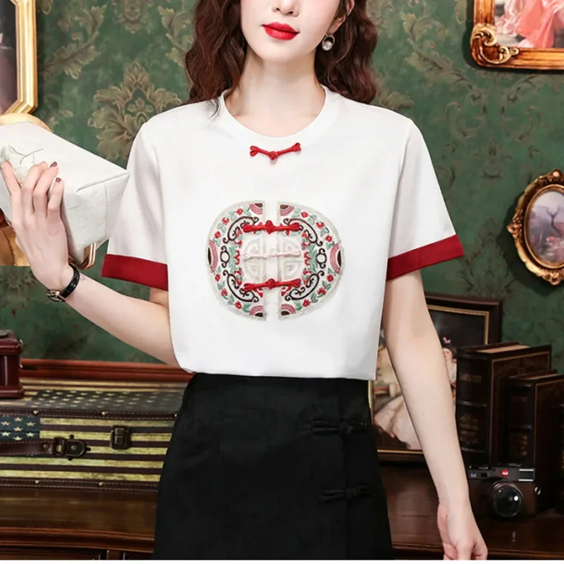 

Summer Women's Fashion Vintage Crew Neck Button Simplicity Versatile Slim Chinese Style Embroidery Short Sleeve T-shirt Top L6