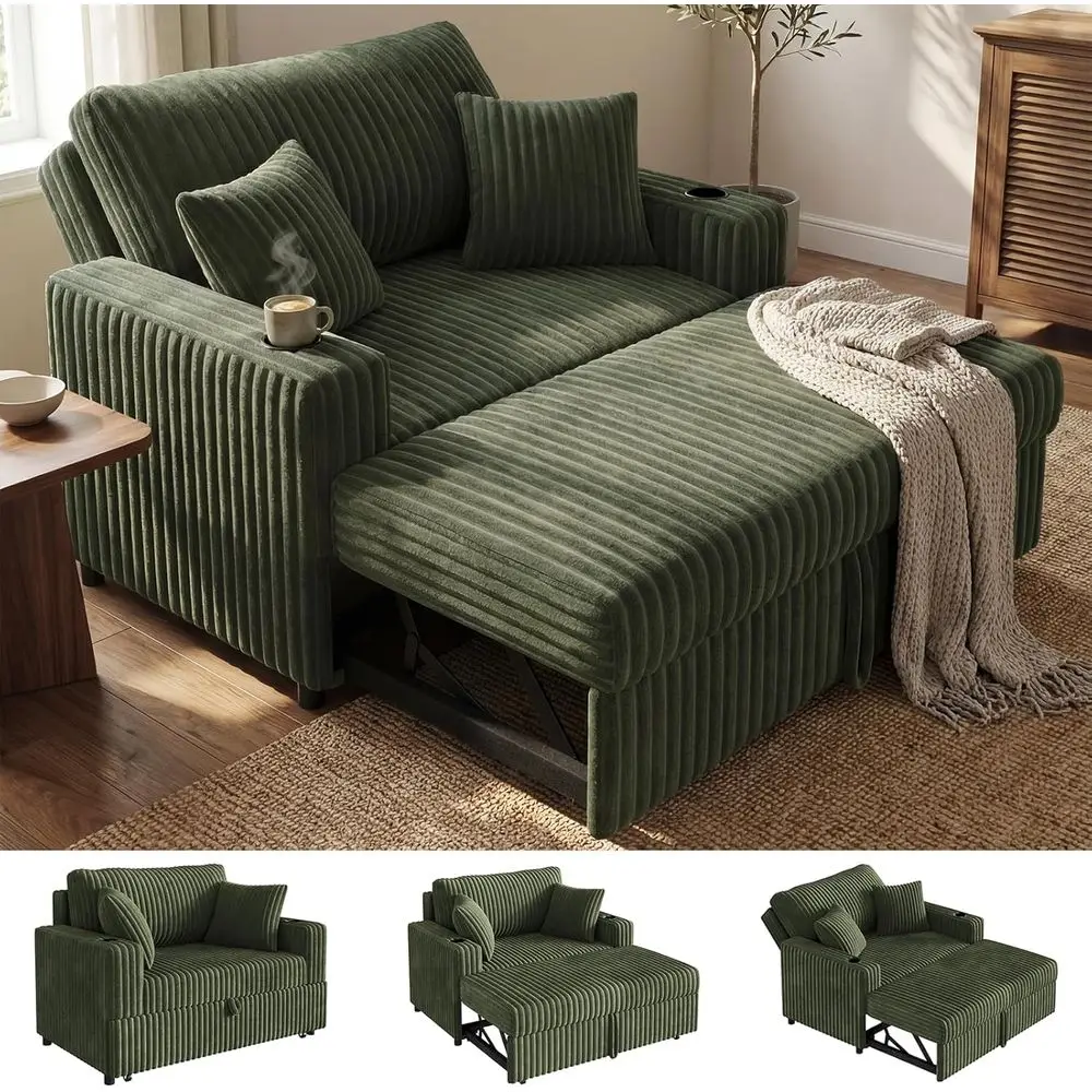 52” 3-in-1 Convertile Pull-Out Soa ed Sleeper Loveat with uilt-in Cup Holders, Reclining ackrest, Pet-riendly Corduroy Soa or Sm