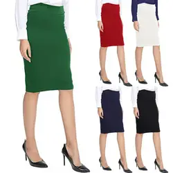 Women Pencil Skirt Business Stewardess Commute High Waist Skinny Solid Color Elastic Slim Fit Knee Length Office Ladies Skirts