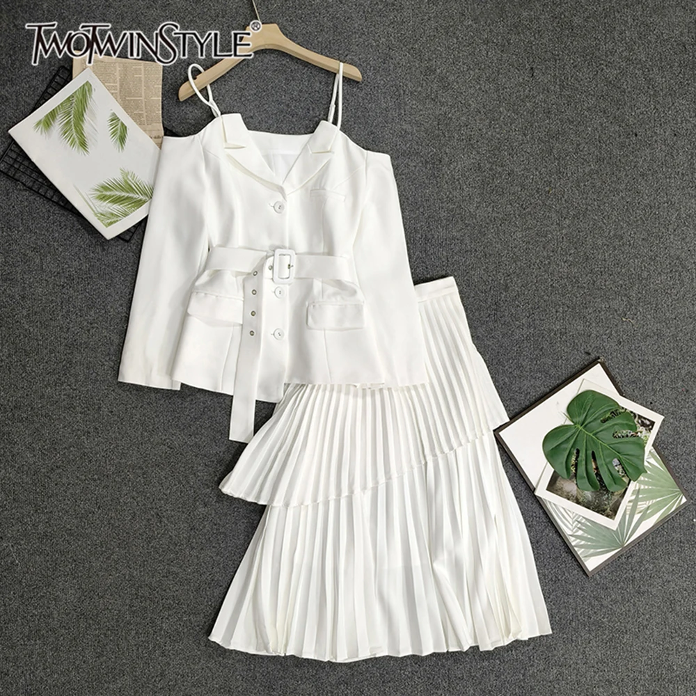 

TWOTWINSTYLE French Style Minimalist Two Piece Sets For Women V Neck Long Sleeve Top High Waist Skirt Sexy Set Female TSE643217