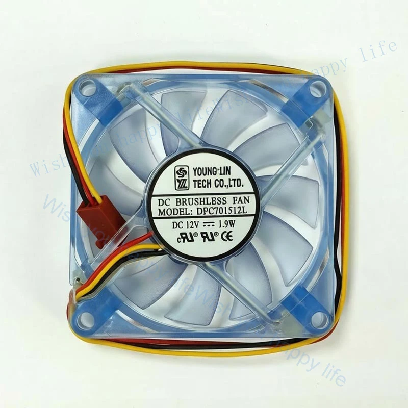 V+  for  1 Pc. New DFC701512L Cooling Fan 7015 DC12V 1.9W 7CM 3Pin W/ Blue LED