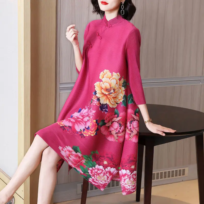 China Wind Print Pleated Dress Female 2023 Spring and Summer Ocean Young Mom Loose Large Flag Skirt Long Sleeve O Neck Dress