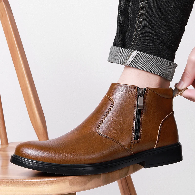 

Классические деловые офисные мужские кожаные ботинки в британском стиле, осенне-зимние стили с плюшевыми теплыми средними берцами, удобные ботинки челси