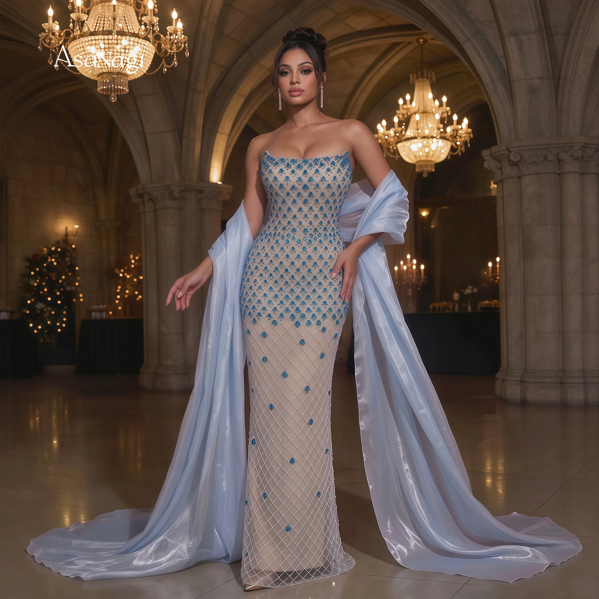 Glam Gala Mermaid Party Dress Strapless Nude Mesh Gradient Blue Rhinestone Embellished With Flowing Satin Shaw