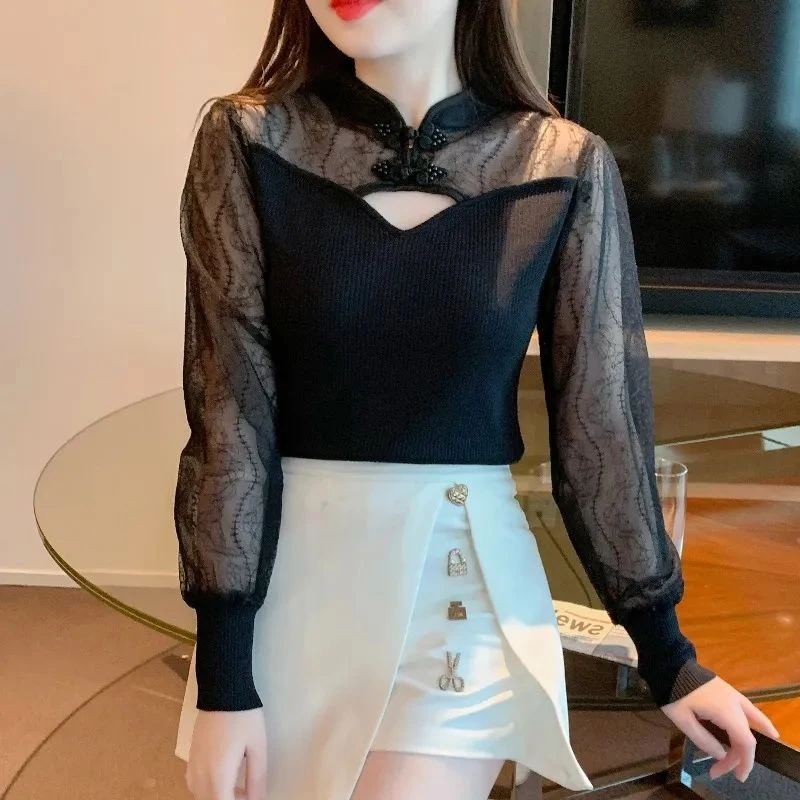 Spring Autumn Round Neck Fashion Long Sleeve Blouse Women Elegant Vintage Lace Patchwork Pullovers Casual Sheer All-match Tops