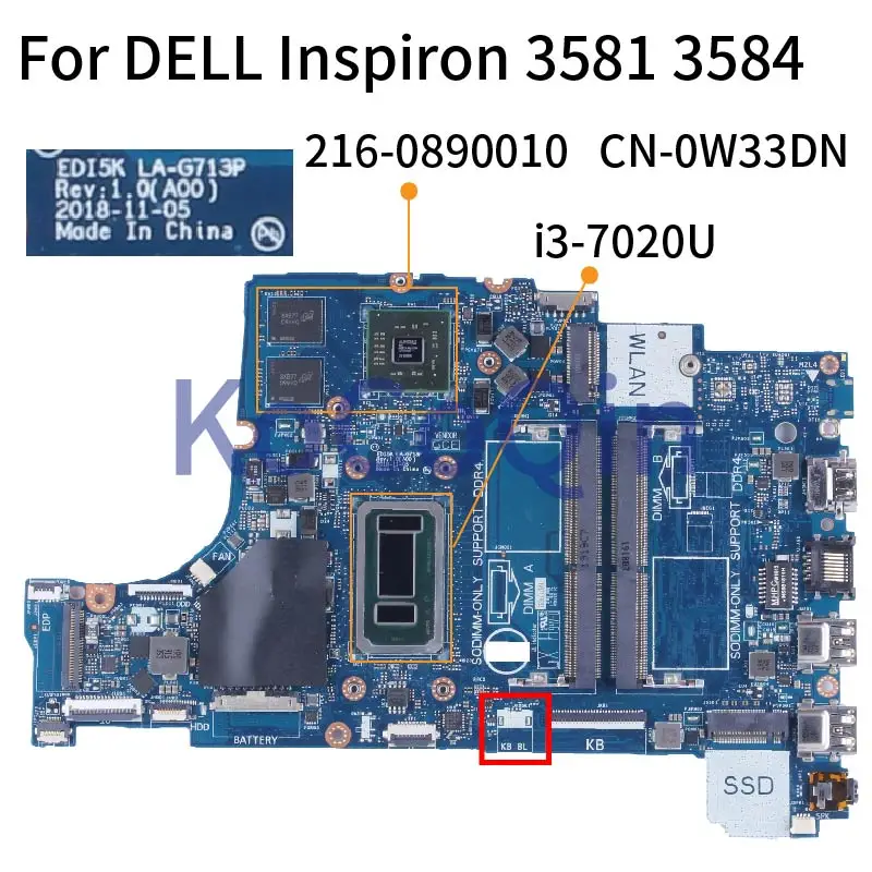 LA-G713P For DELL Inspiron/Vostro 3481 3581 3584 3781 Notebook Mainboard 0W33DN With i3-7020U CPU 216-0890010 Laptop Motherboard