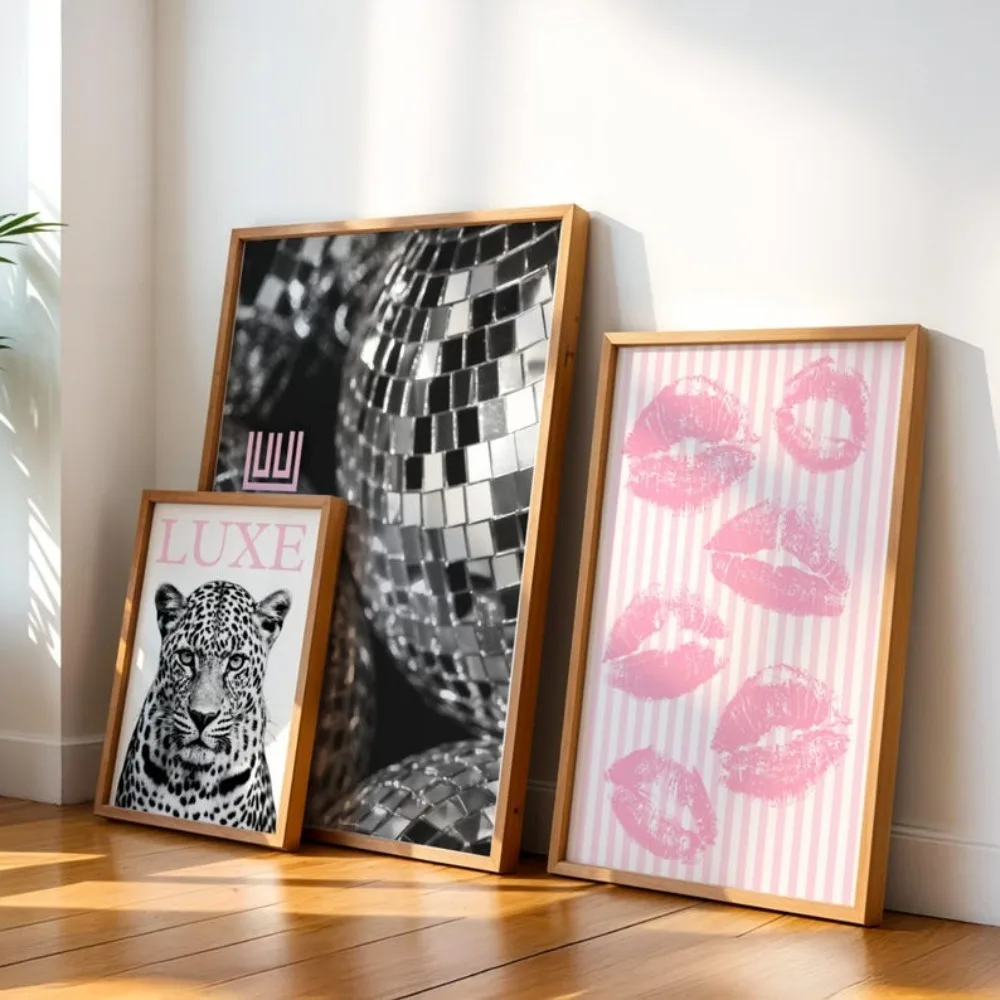 3 قطع معرض الأزياء بدون إطار الطباعة أزياء ليوبارد الطباعة قبلة ديسكو الكرة للطباعة ديكور مجلة الأزياء الوردي رائع