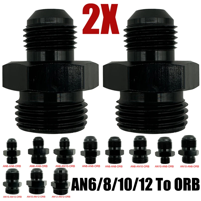 2X Fuel Line Hose Fitting Male Adapter ORB-6 ORB-8 ORB-10 ORB-12 O-Ring Boss To AN6 AN8 AN10 AN12 Aluminum Flare Fiting Black
