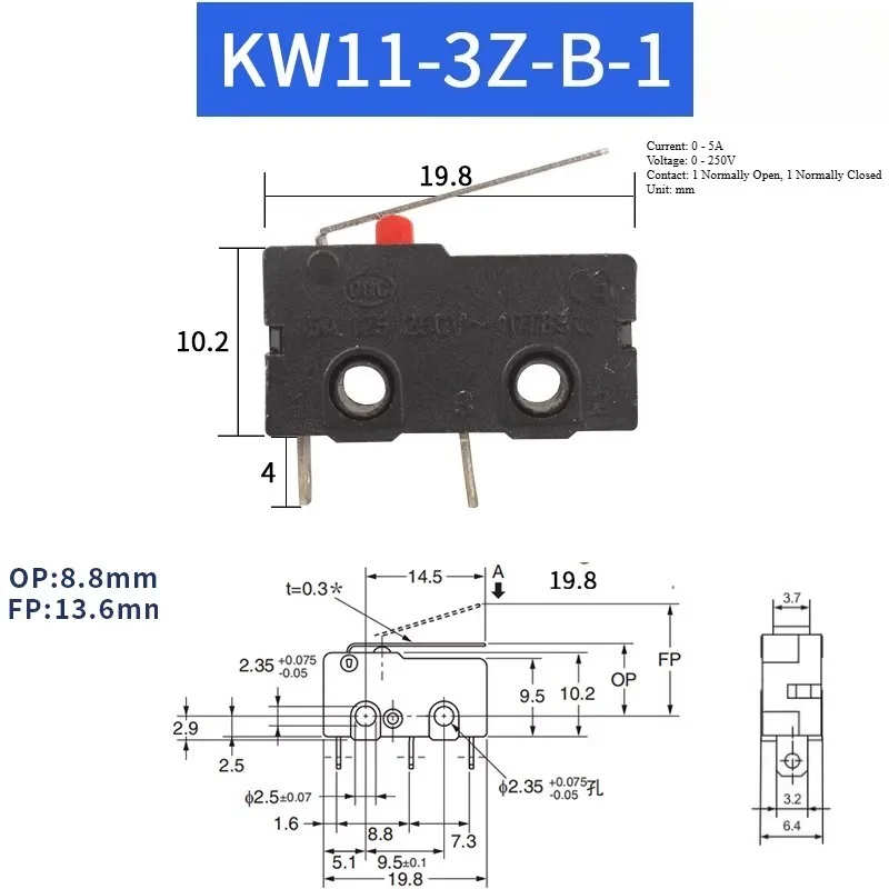 10PCS KW11 Micro Switch 2/3Pin NO/NC Mini Limit Switch Mechanical Travel 5A 250VAC Roller Arc Lever Snap Action Push Switches