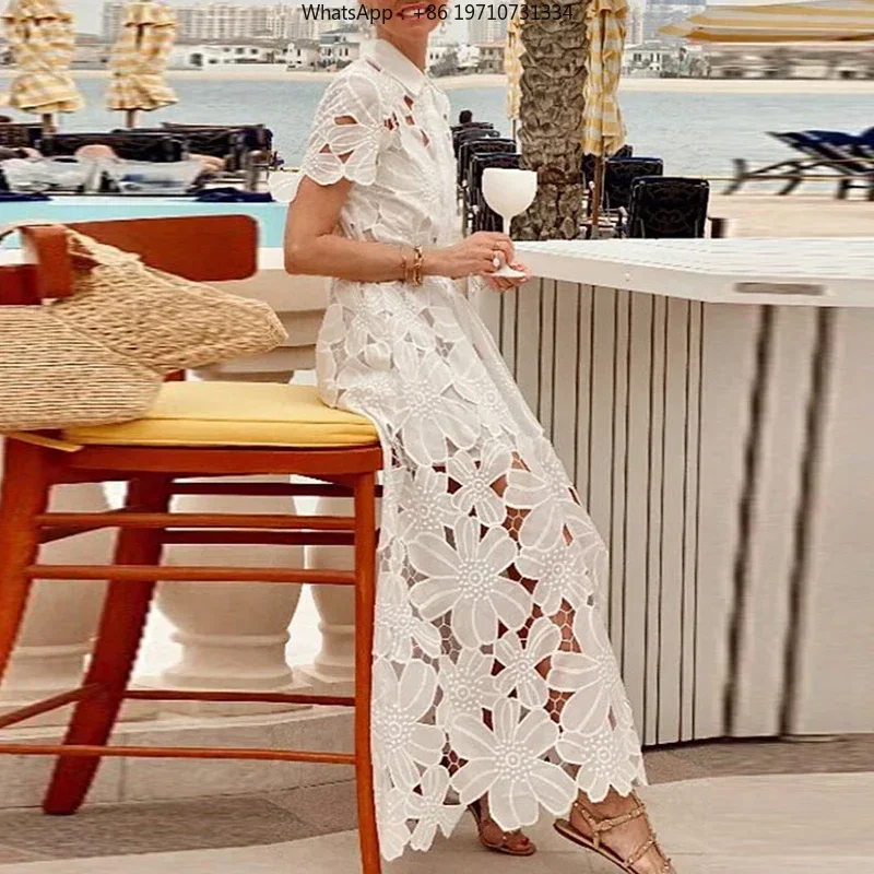 Women Vintage White Hollow Out Lace Embroidery Long Dress Short Sleeve Bohemian Tie Up Summer Party Vacation Dress