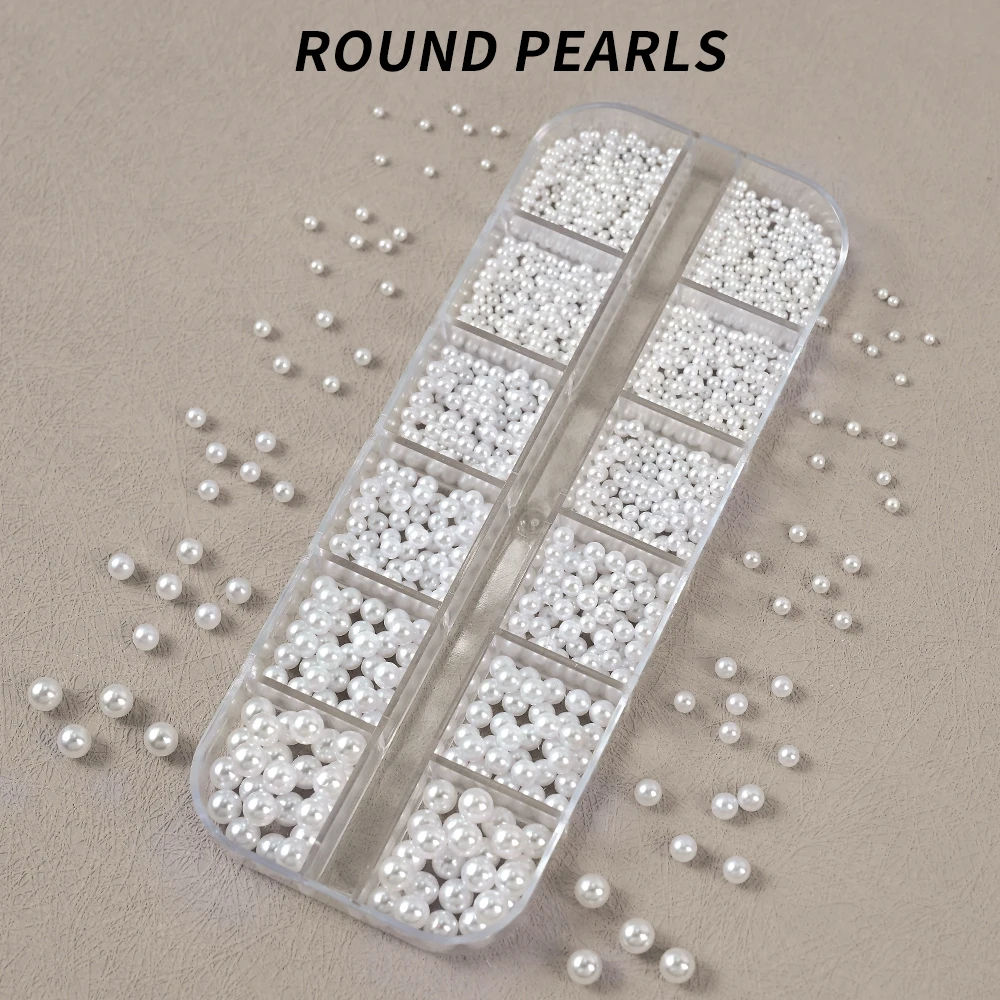 12Grid 3D White Pearl Beads Nail Charm Mixed Size Round/Semicircle Flatback Pearls Nail Art Rhinestone DIY Manicure Decoration