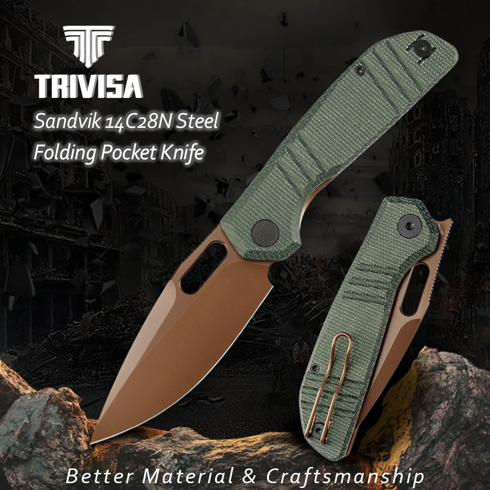 

TRIVISA Pocket Folding Gecko utility Knife 14C28N Blade G10 Micarta Handle Tactical Survival Camping Outdoor edc Tool zakmes