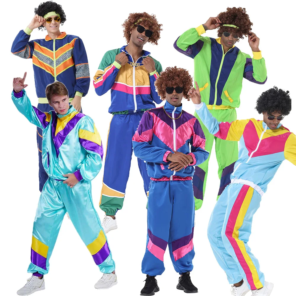 Retro 80S 90S Disco Cosplay Costume Hip-Hop Tracksuit Casual Jacket Pants Sportwear Fancy Outfits Halloween Carnival Party Suit