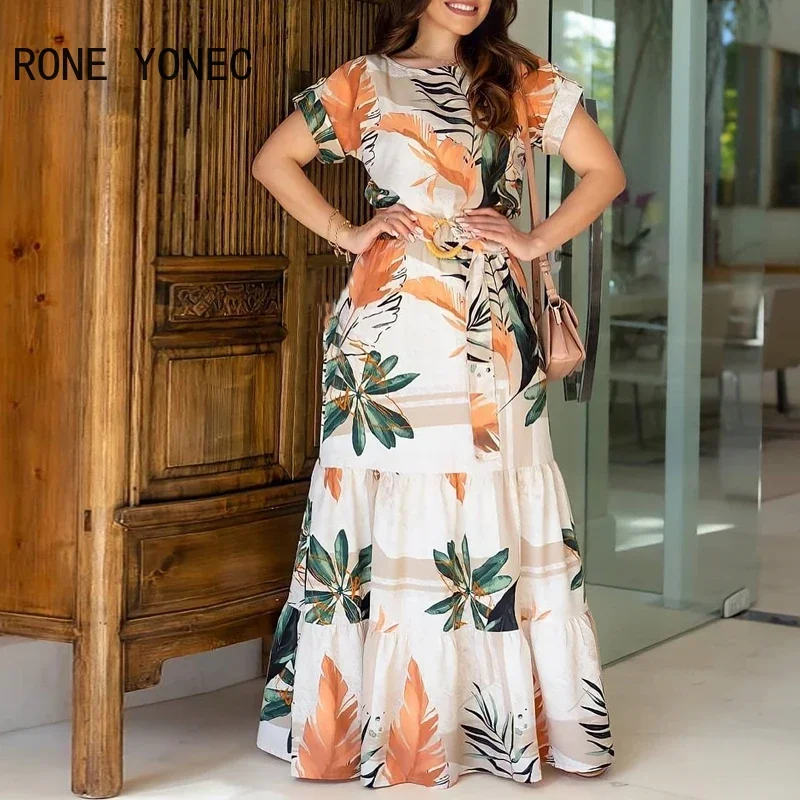 Women Tropical Print Short Sleeve Maxi Dress Casual Dress Vacation Dress 2021