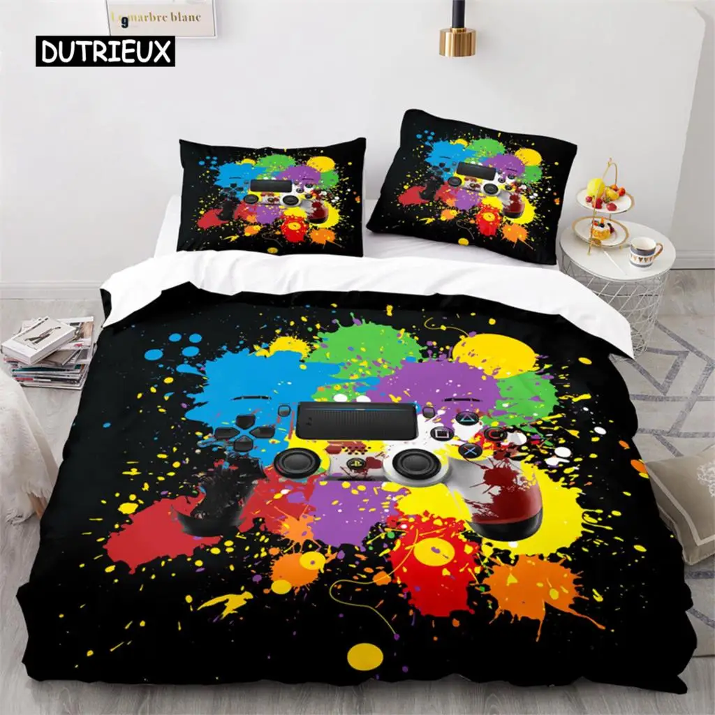 Black Gamer Bedding Set Color Graffiti Game Handle Duvet Cover for Kids Teens Boys Bedroom Decoration Single Double Bedspread