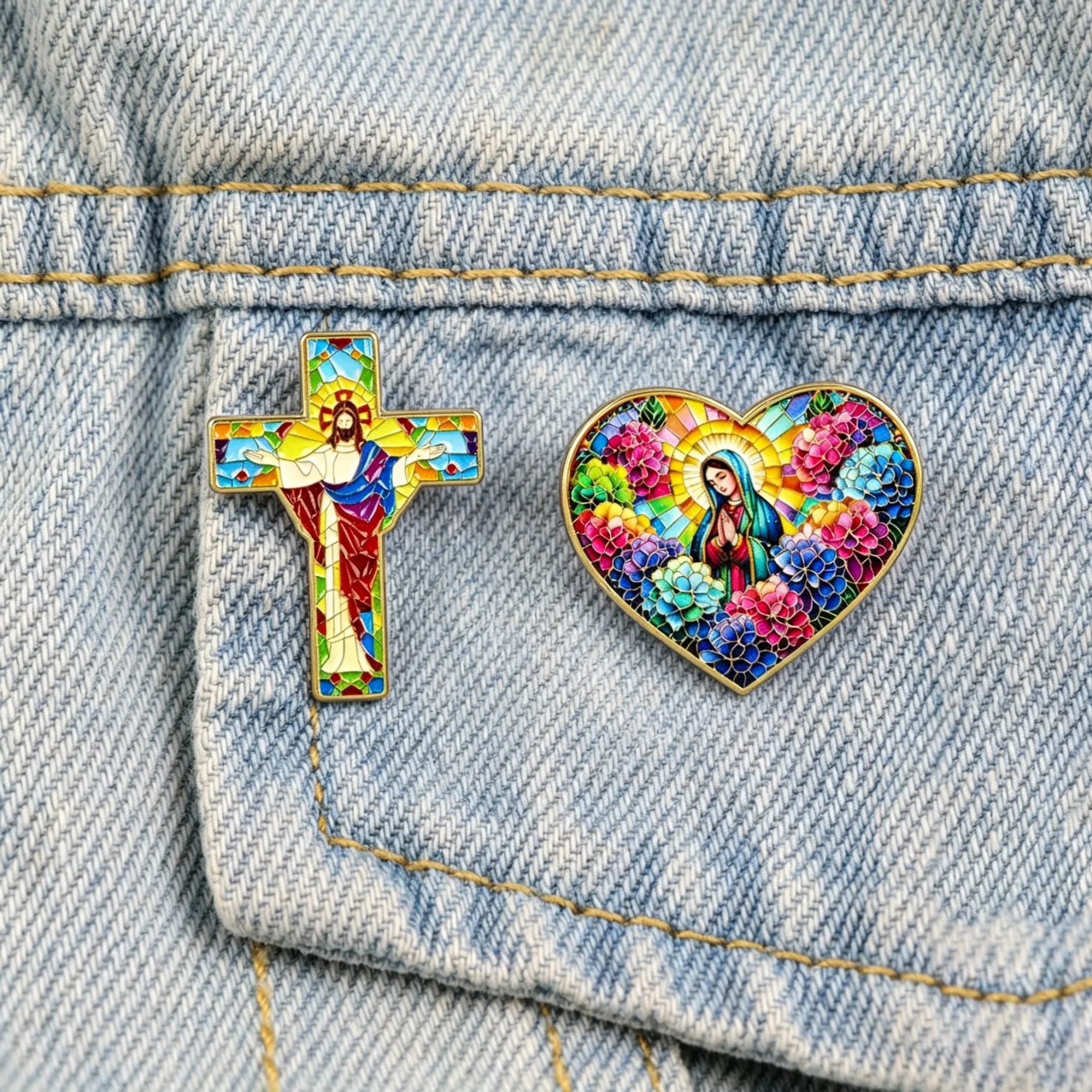 Christian Enamel Pins Jesus Cross Virgin Mary Brooch Colorful Stained Glass Lapel Pin For Backpack Bag Jewelry Gift