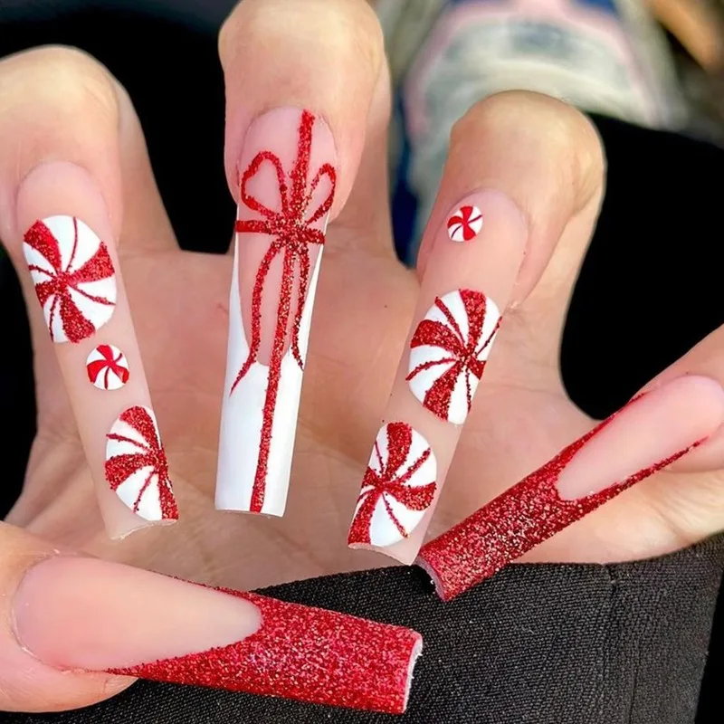 

24Pcs Fake Nails Christmas Collection French Tips with Bow and Snowflake Designs Press-On Nail Tips Perfect for Gift To Women