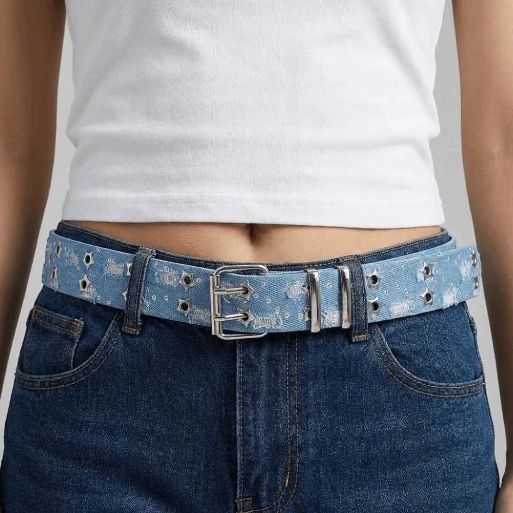 Cloth Denim Waist Belts Metal Buckle Double Grommet Hole Star Hole Sequin Belt Waistband All-match Trouser Decor Decoration