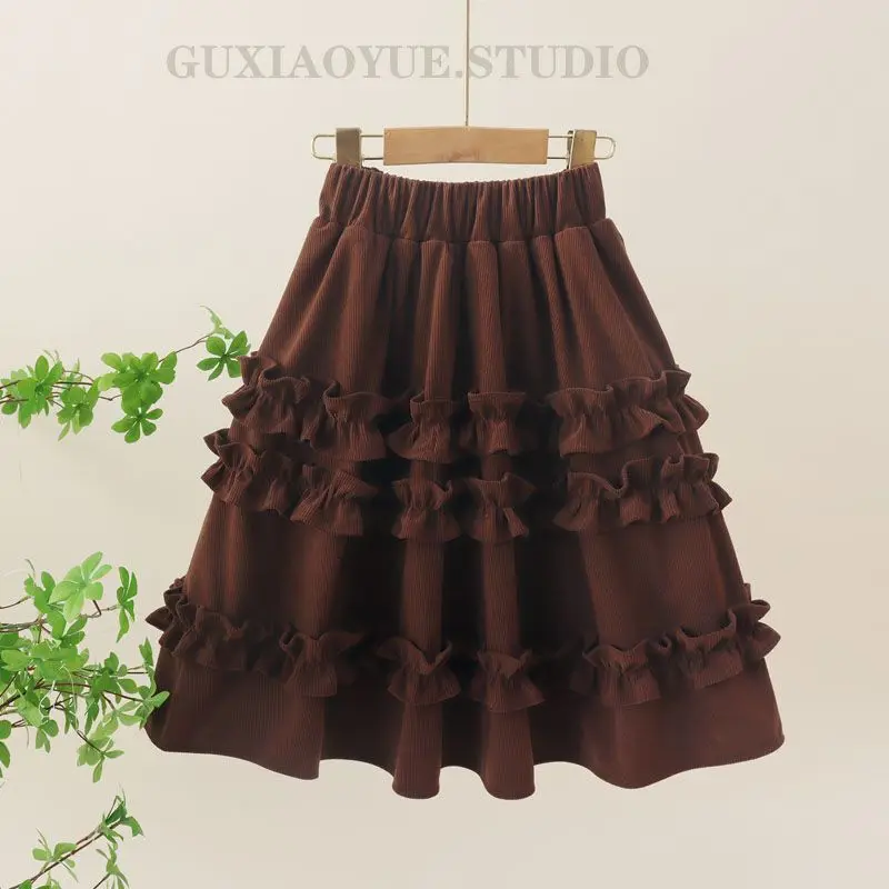 Girls Autumn Corduroy Half Skirt Korean Children Wooden Ear Sweet and Versatile Fashion Maillard Half Skirt