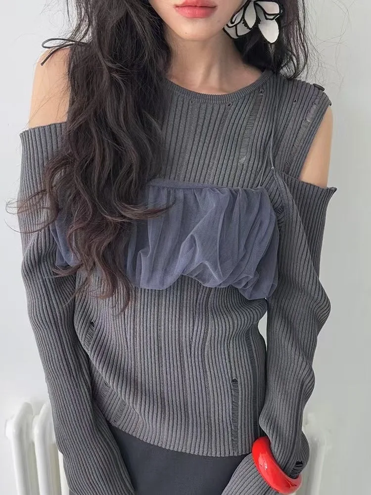 

Faionable oulder-baring Knitted Top Women's Design Sensation Csole Base Tank Set Chic Sle Winter Season Youth Suitable