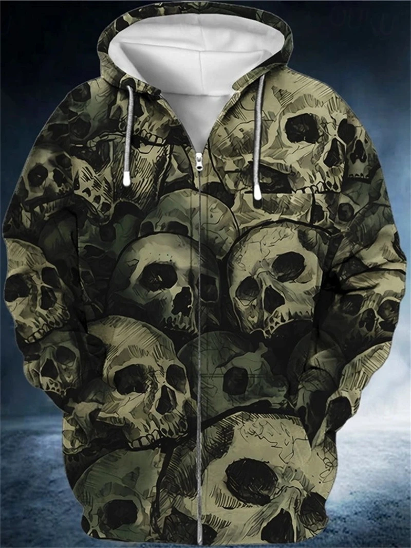 Novo y2k masculino 3d halloween crânio impressão com capuz oversized zip up hoodie com zíper para o outono roupas masculinas femininas casaco plus siz
