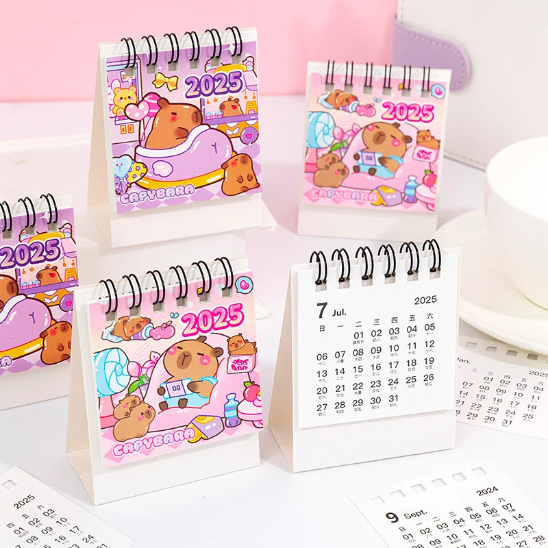 2025 mini calendário de mesa escritório material escolar bonito capivara calendário planejador mensal acessórios de mesa decoração