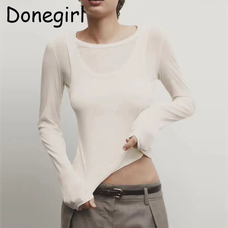 

Donegirl Women 2024 New Spring Summer Fashion Round Neck Fake Two Pieces Long Sleeve T-shirt Sweater Solid Slim Tops Female Chic