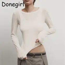 Donegirl Women 2024 New Spring Summer Fashion Round Neck Fake Two Pieces Long Sleeve T-shirt Sweater Solid Slim Tops Female Chic