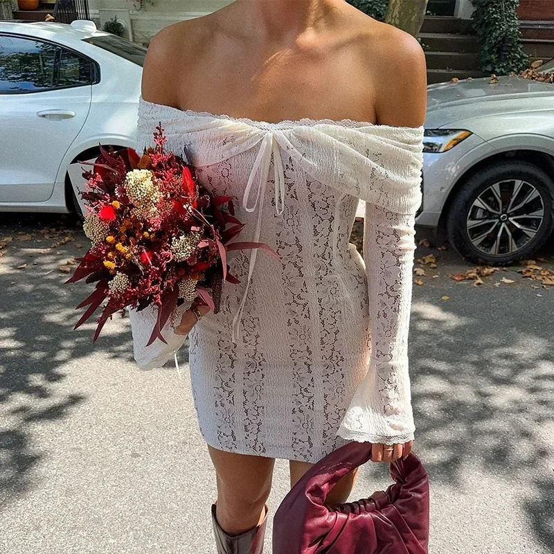 

Off Shoulder Lace Short Beach Dress Women Sexy Ruched Flare Sleeves Hip Package Dresses 2025 Summer Lady Solid Party Robes New