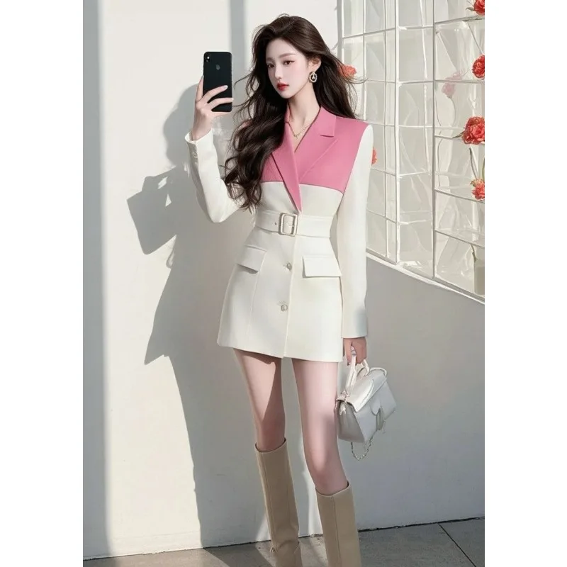 

Миниатюрный модный индивидуалистичный французский осенний элитный стиль, элегантный стильный короткий дизайн с завязкой на талии, профессиональный костюм, платье