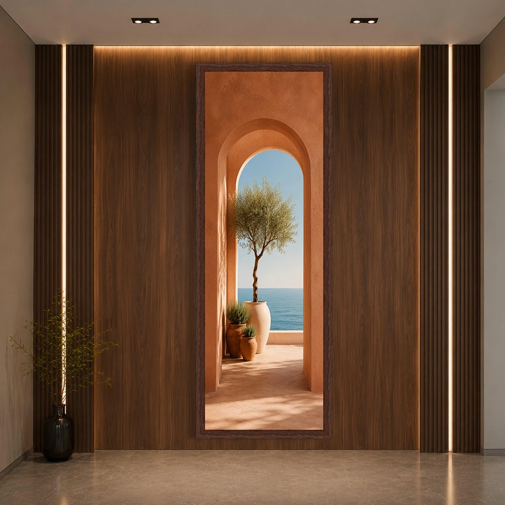Mediterranean Archway View, Olive Tree Canvas, Coastal Wall Art, Terra Cotta Decor, Sea Horizon Canvas, Rustic Home Decoration,