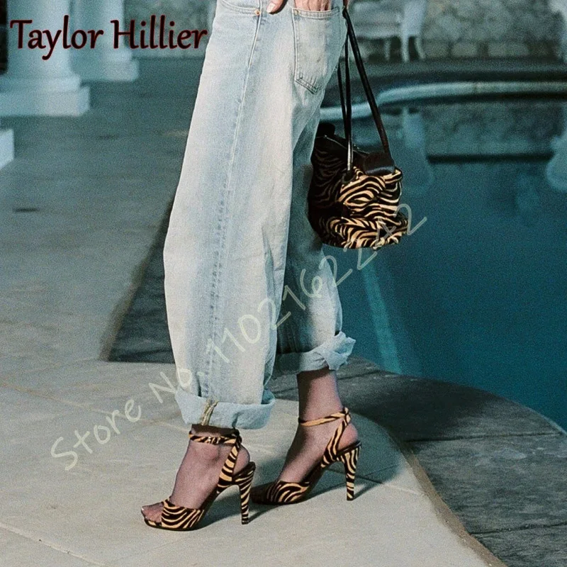 

2025 New Leopard Print High Heels Open Toe Stiletto Buckle Strap Casual Sandals Elegant Summer Party Dress Women'S High Heels 46