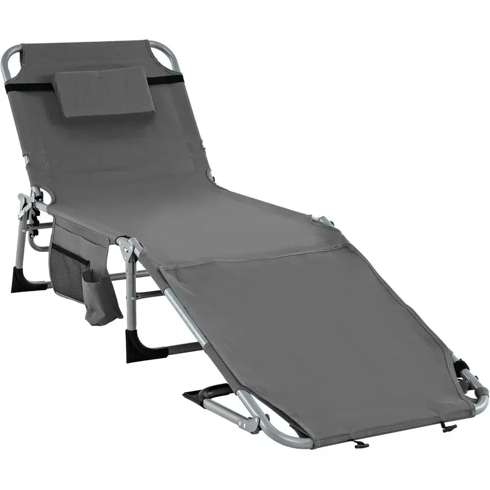 Outdoor Adjustable Beach Lounge Chair with Hole, Removable Pillow, Storage Basket, 5-Position Reclining for Relaxation (Grey)