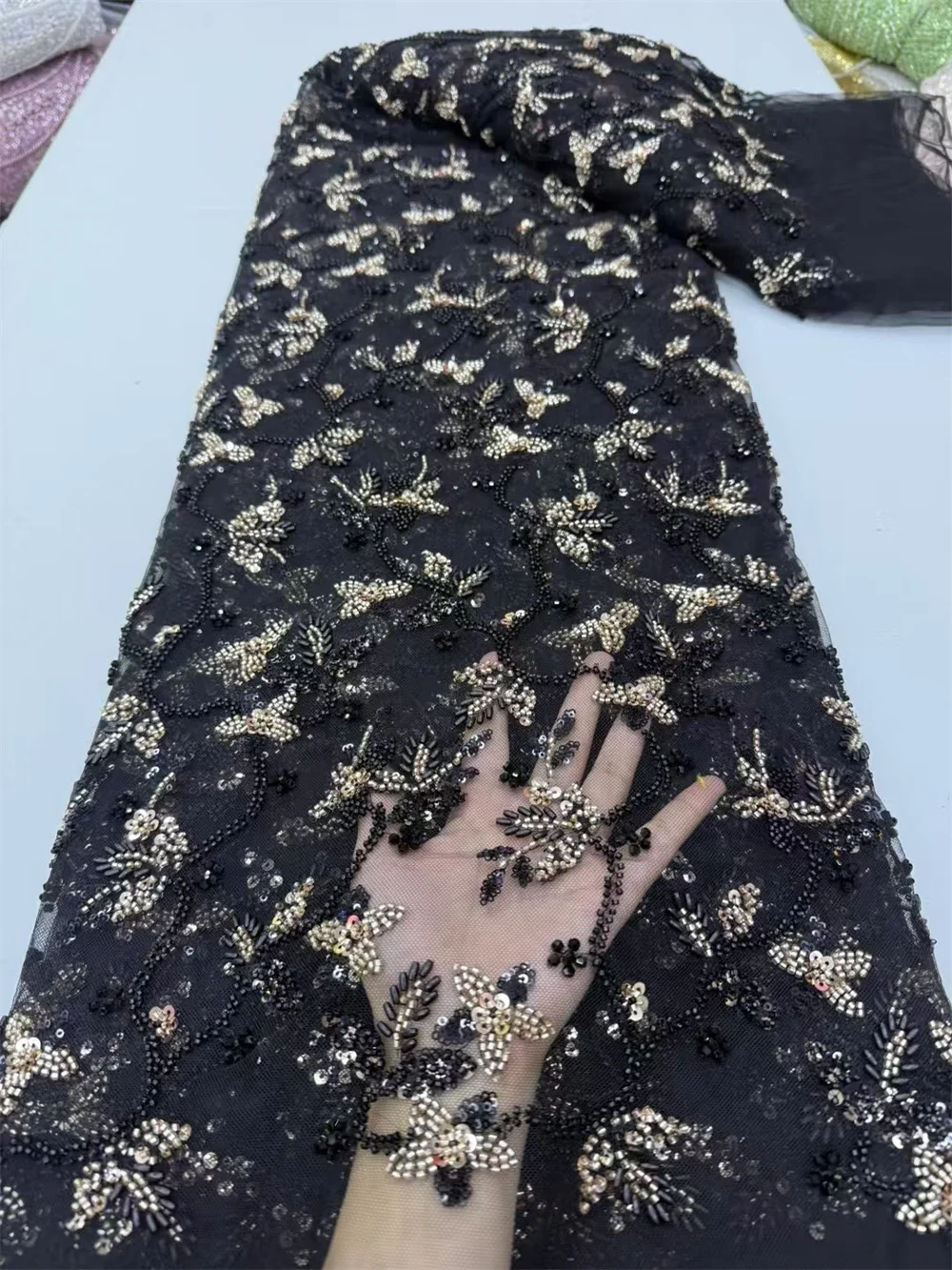 Dubai Crystal Beaded Fabrics 2024 Latest African Lace Fabric 5 Yard Black Elegant Lace Fabrics Nigerian Evening Party DresA705-1