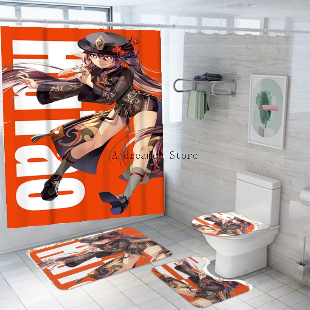 Anime Shower Curtain Genshin Impact 3D Print Bath Mat Set Cartoon Kawaii Zhongli Bath Curtain Anime Bathroom Toilet Kid Gift