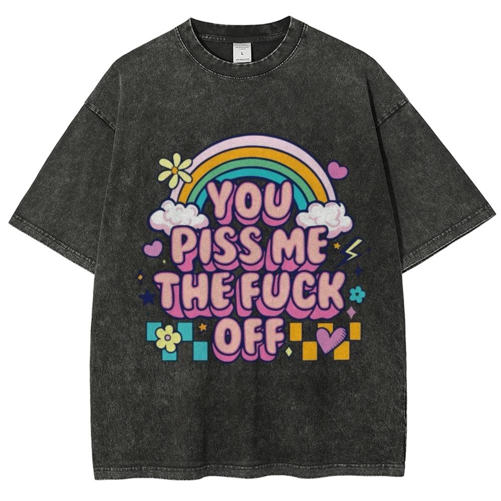 Loose Retro High Gram Weight T-Shirt White Cloud Rainbow Letter Printing 2024 Trendy New Neutral Style Short Sleeves