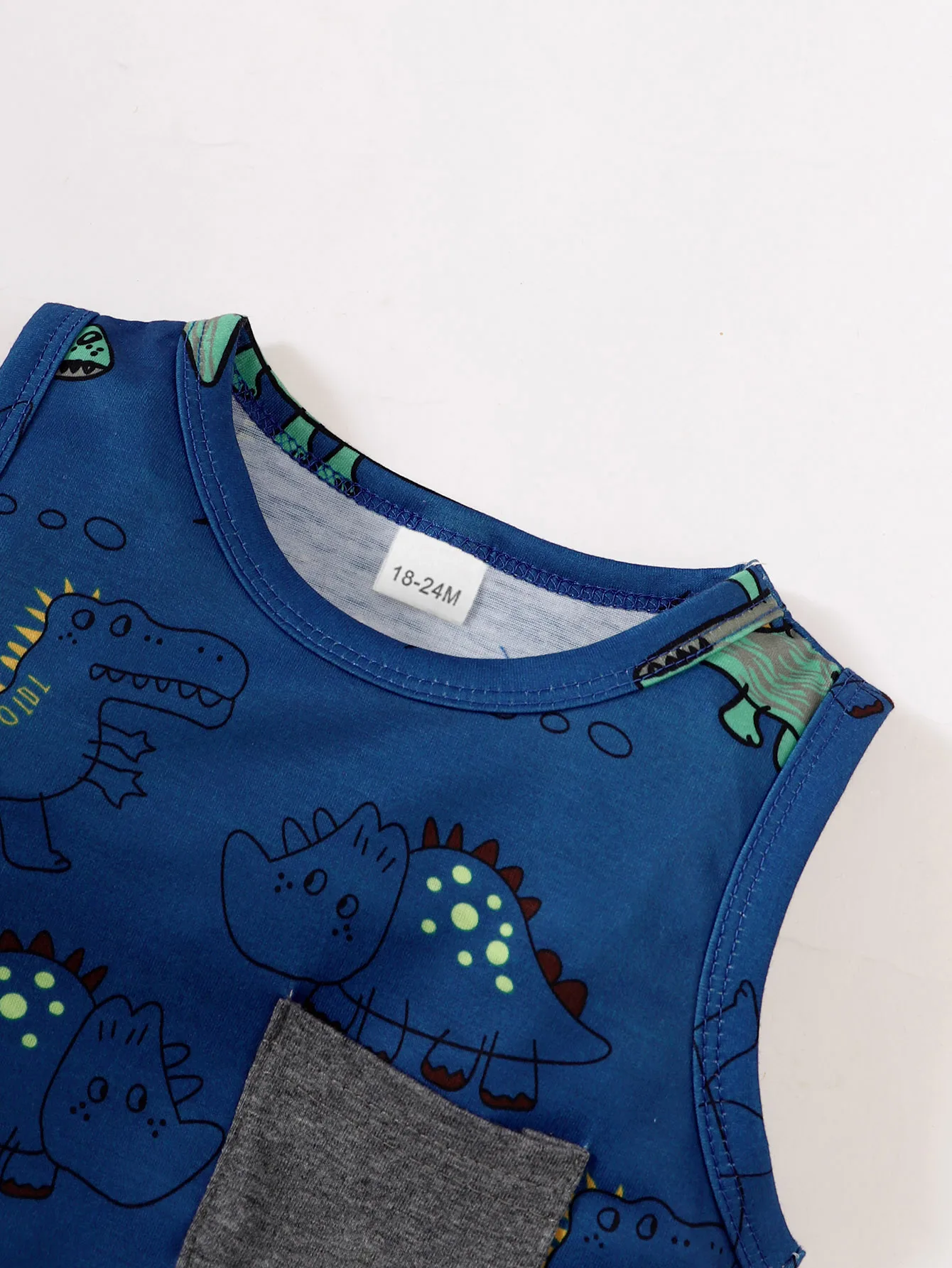 Baby Boys Vest Set Elastic Waist Gray Pocket Loose Pants Round Neck Sleeveless Cartoon Dinosaur Blue Jacket Casual Two-Piece Set