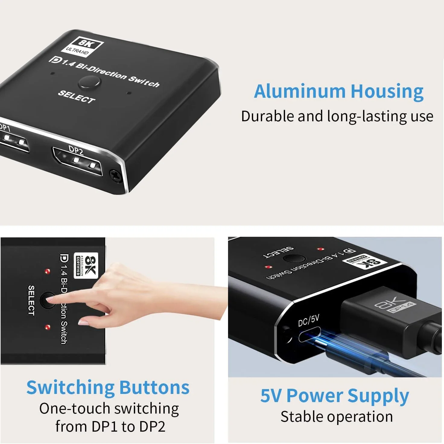 Fsu 8K DisplayPort สวิตช์1.4 DisplayPort, สวิตช์แยกสัญญาณสองทิศทาง DisplayPort KVM 2X1 1X2พอร์ต8K/30Hz 4K/120Hz