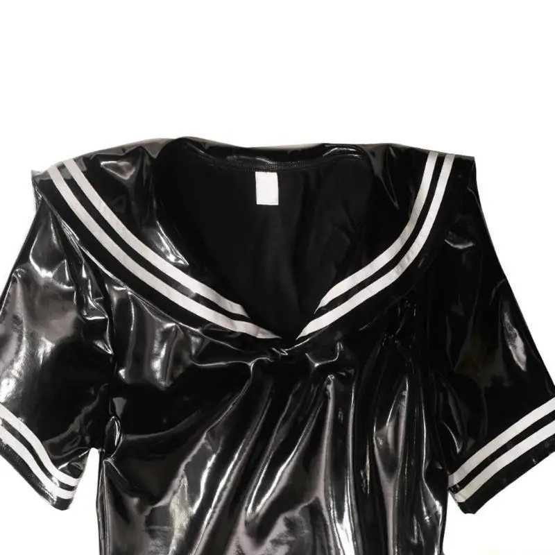 31BF Latex, figurbetontes Minikleid, Matrosenkragen, kurze Ärmel, A-Linien-Kleid, Kunstleder, kurze Kleider, Party, Club, für