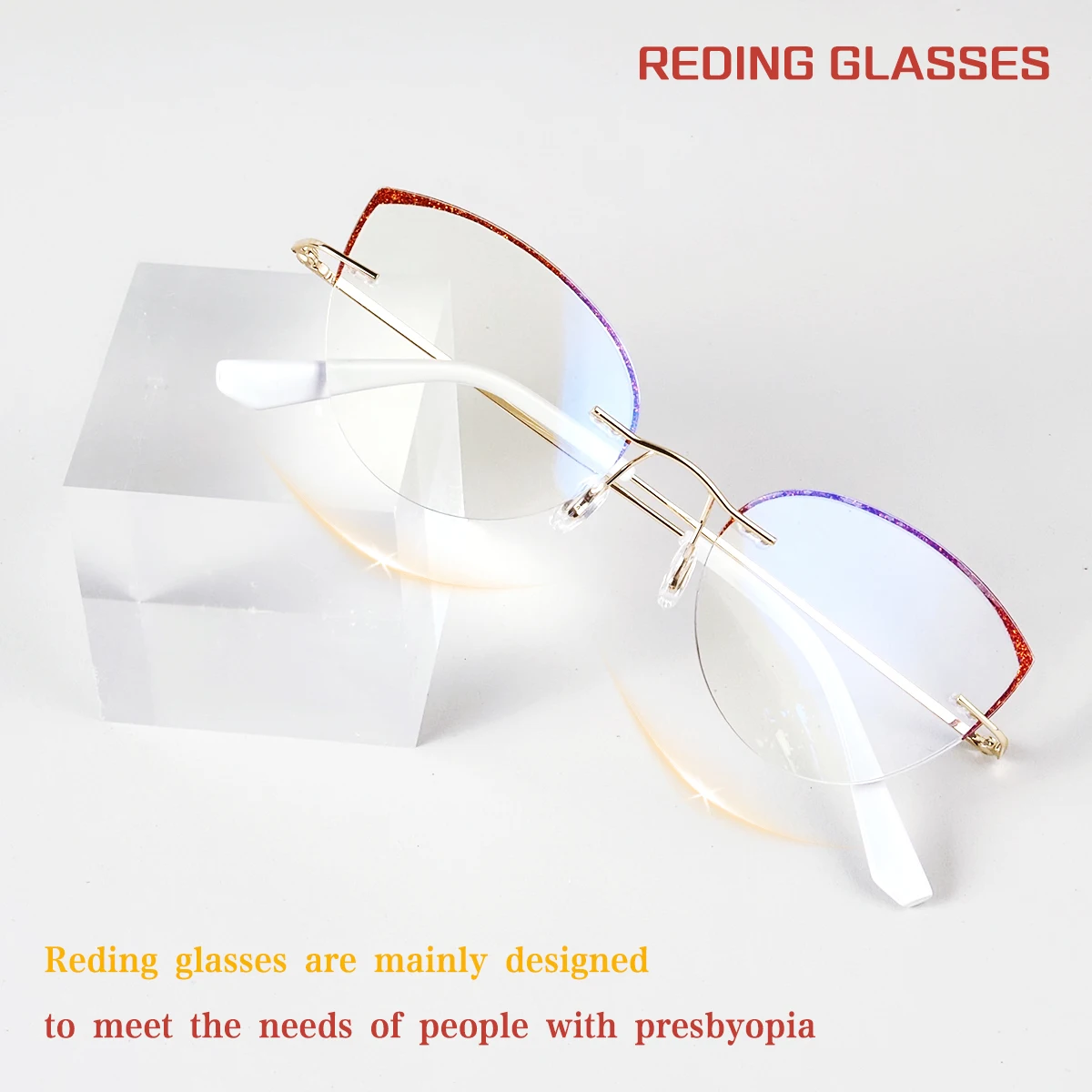 Damen-Katzenaugen-Lesebrille ohne Rahmen, Presbyopie-Brille, klare Sicht, Blaulichtfilter, leicht und stilvoll. – Detail 2