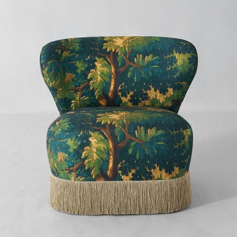 Medieval Printed Single Chair Villa Living Room Small Sofa Retro Solid Wood Single Chair Bedroom Leisure Chair