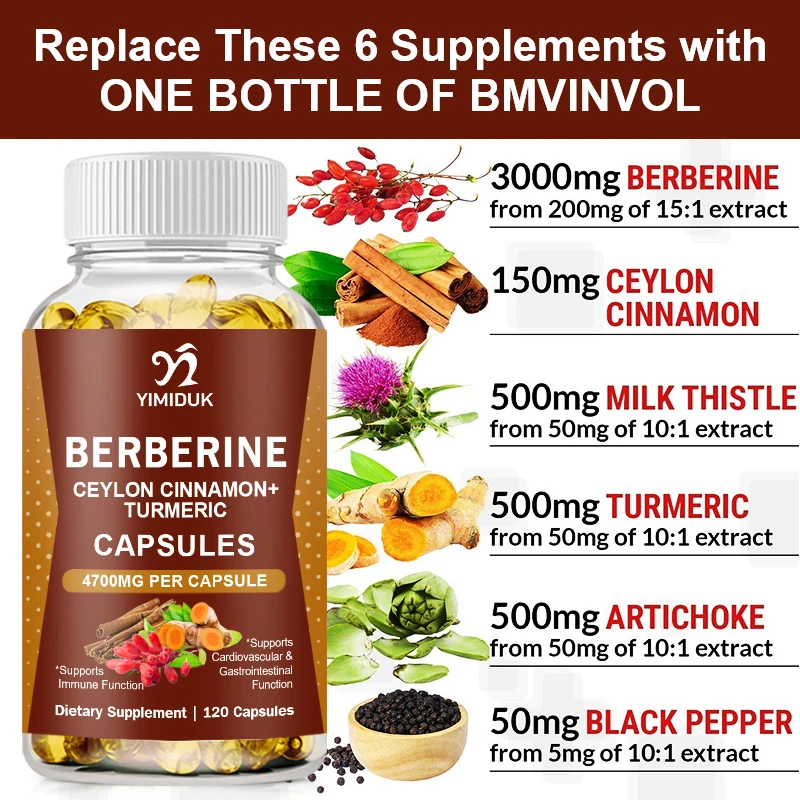 Berberine-Premium Supplement Capsules, Suporta a saúde do coração, Sistema imunológico, Comida saudável