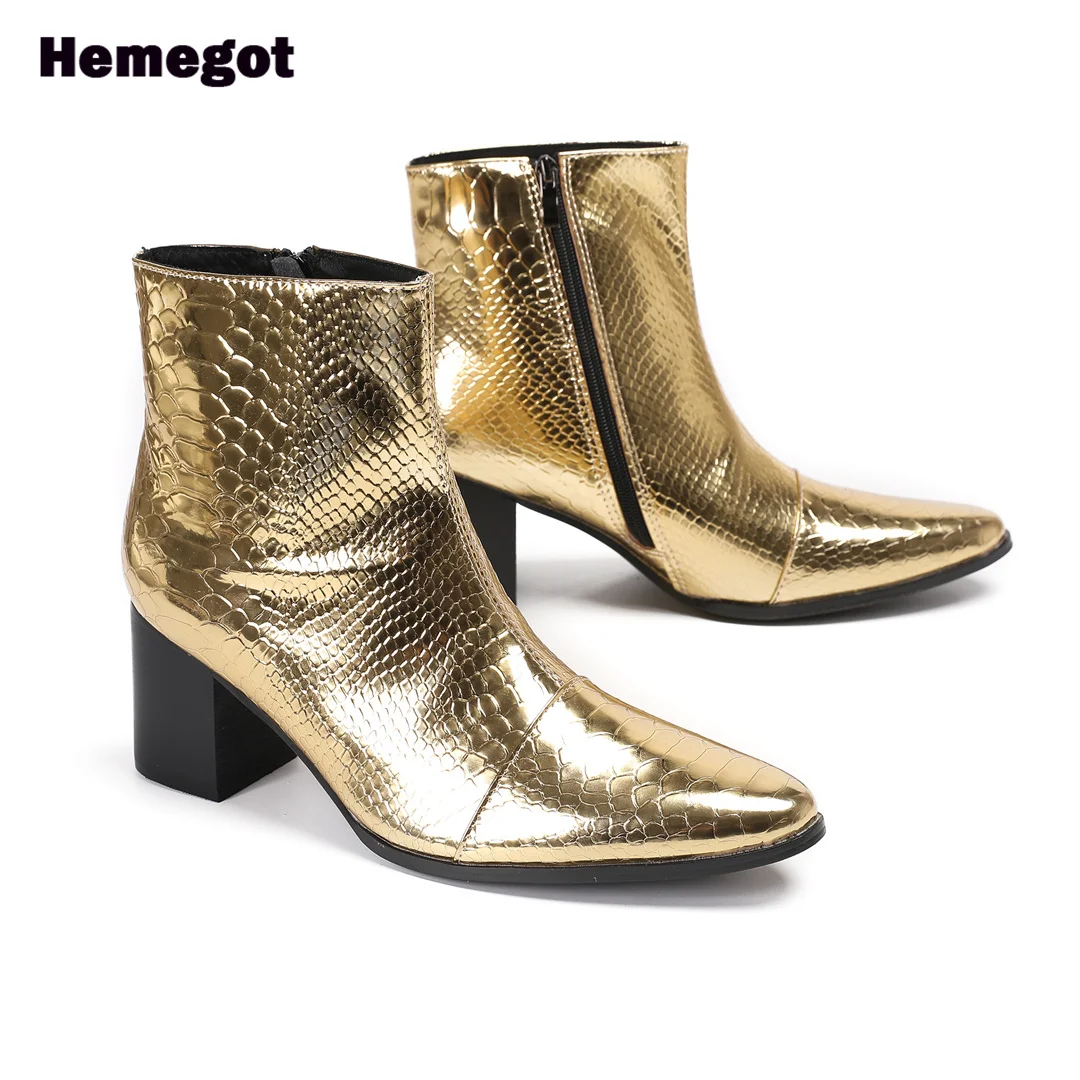 

Gold Snake Pattern Leather Men Boots Side Zipper High-Top Booties British Style Handmade Men Booties Handmade Trend Men Botas