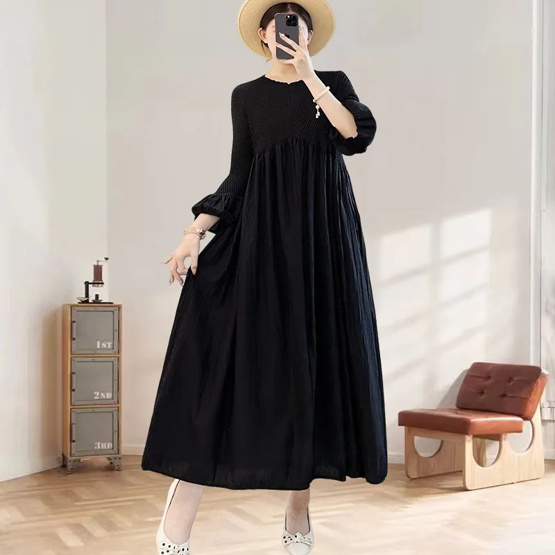 

Miyake плиссированное однотонное тонкое платье, новинка лета 202, платье трапециевидной формы с круглым вырезом и длинными рукавами, повседневные длинные платья с баской