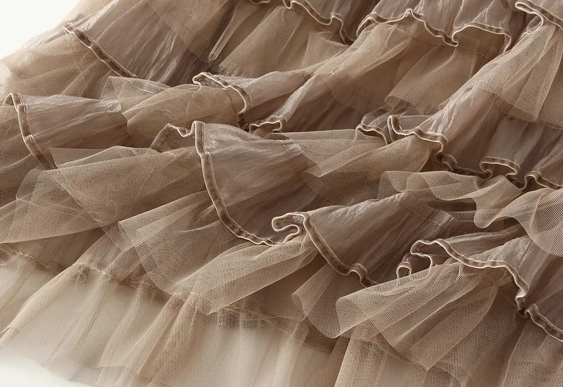 Süßer, bauschiger Tüll-Midirock für Damen, hohe Taille, gestufte Rüschen, A-Linie, süßer Stil, für Hochzeitsgäste, Einheitsgröße, Polyester – Detail 14