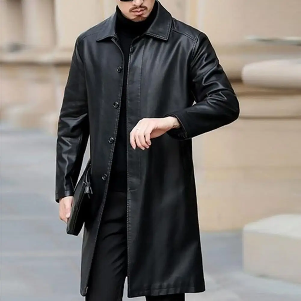

Long Sleeve Men Windbreaker Men's Faux Leather Windbreaker Jacket with Lapel Fleece Lining Long Sleeve Coat with for Autumn