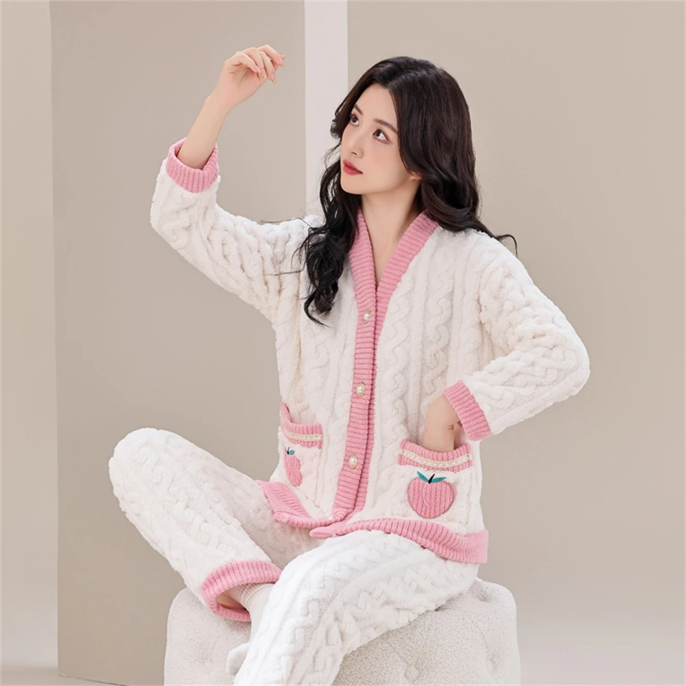 

Women's Fluffy Coral Fleece Pajamas Thick Warm Peach Two-piece Sleepwear Autumn Winter Jacquard Flannel Homewear Suit Loungewear