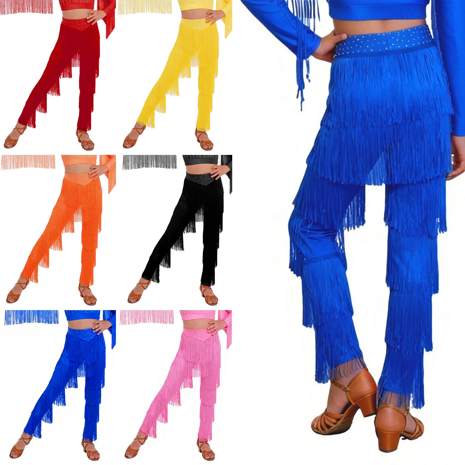 Children Girl's Ballroom Performance Trousers Tassel Rumba Tango Salsa Practice Pants Fringe Latin Samba Cha-Cha Dance Pants