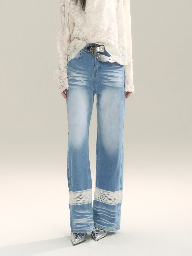 

Classic Loose Splicing Hollow out Slimming Straight Leg Jeans Sassy Moody Blue Glaze Breathable Casual High Waist